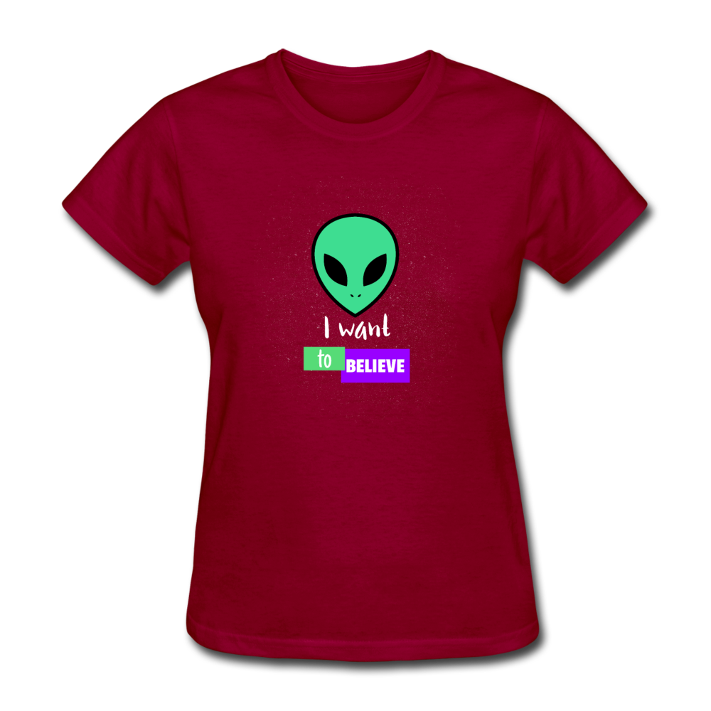Women's I Want to Believe in Aliens T-Shirt - dark red
