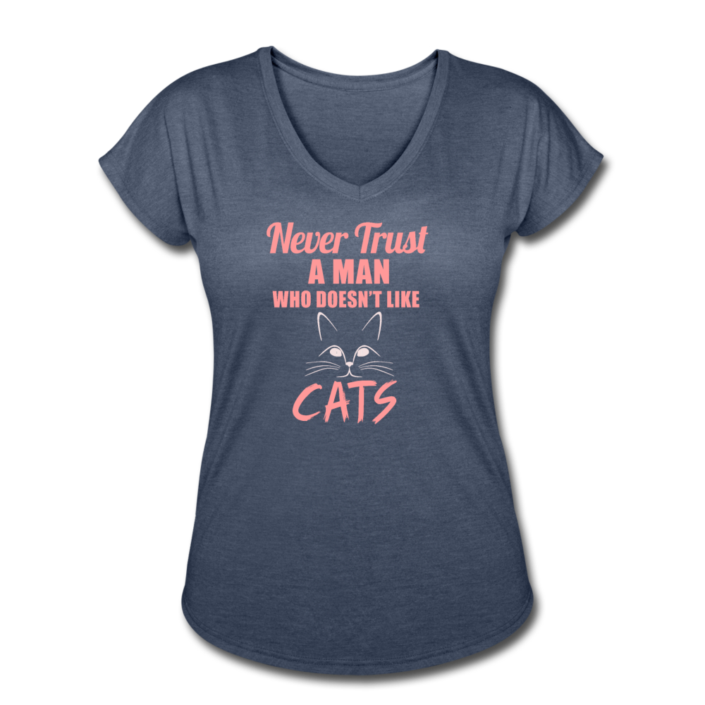 Women's Tri-Blend V-Neck Cat T-Shirt - navy heather