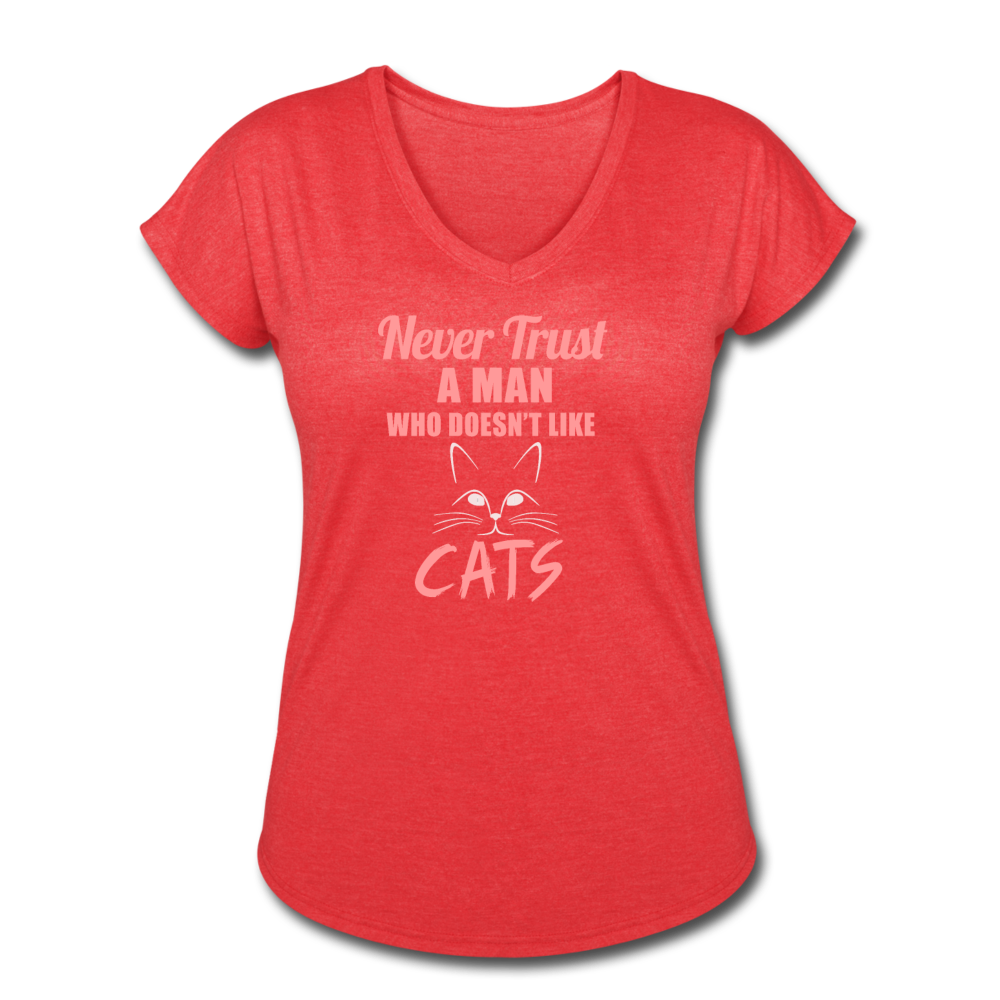 Women's Tri-Blend V-Neck Cat T-Shirt - heather red