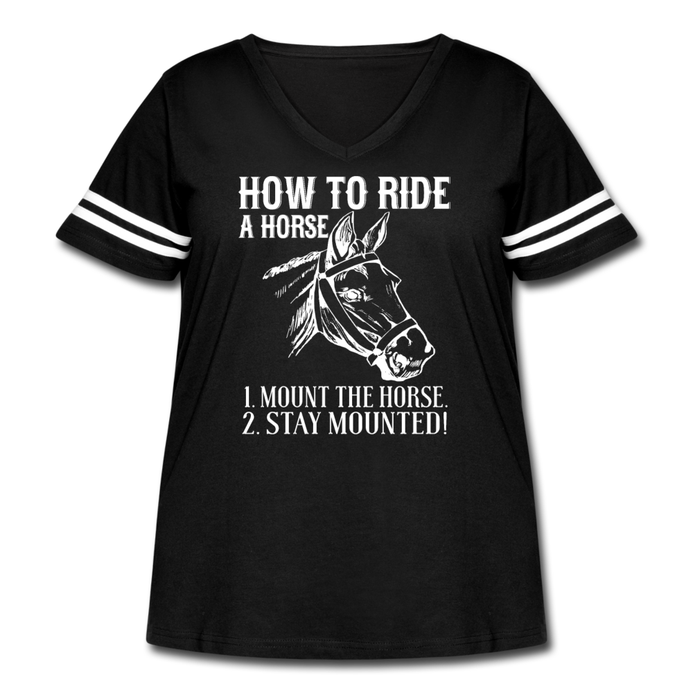 Women's Curvy Vintage Sport Stay on the Horse T-Shirt - black/white