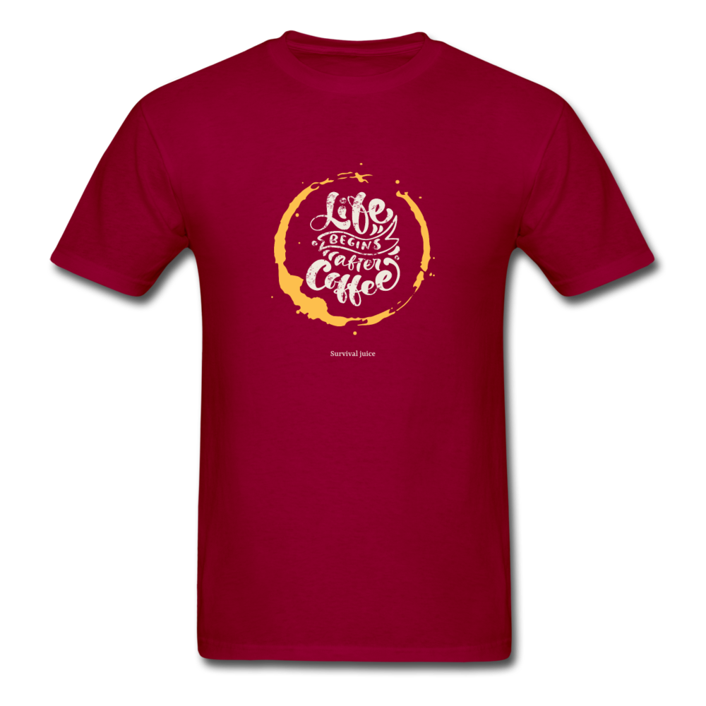 Unisex Classic Life Begins After Coffee T-Shirt - dark red
