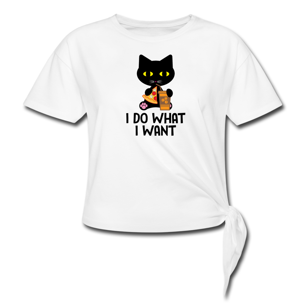 Women's Knotted I Do What I Want Cat T-Shirt - white