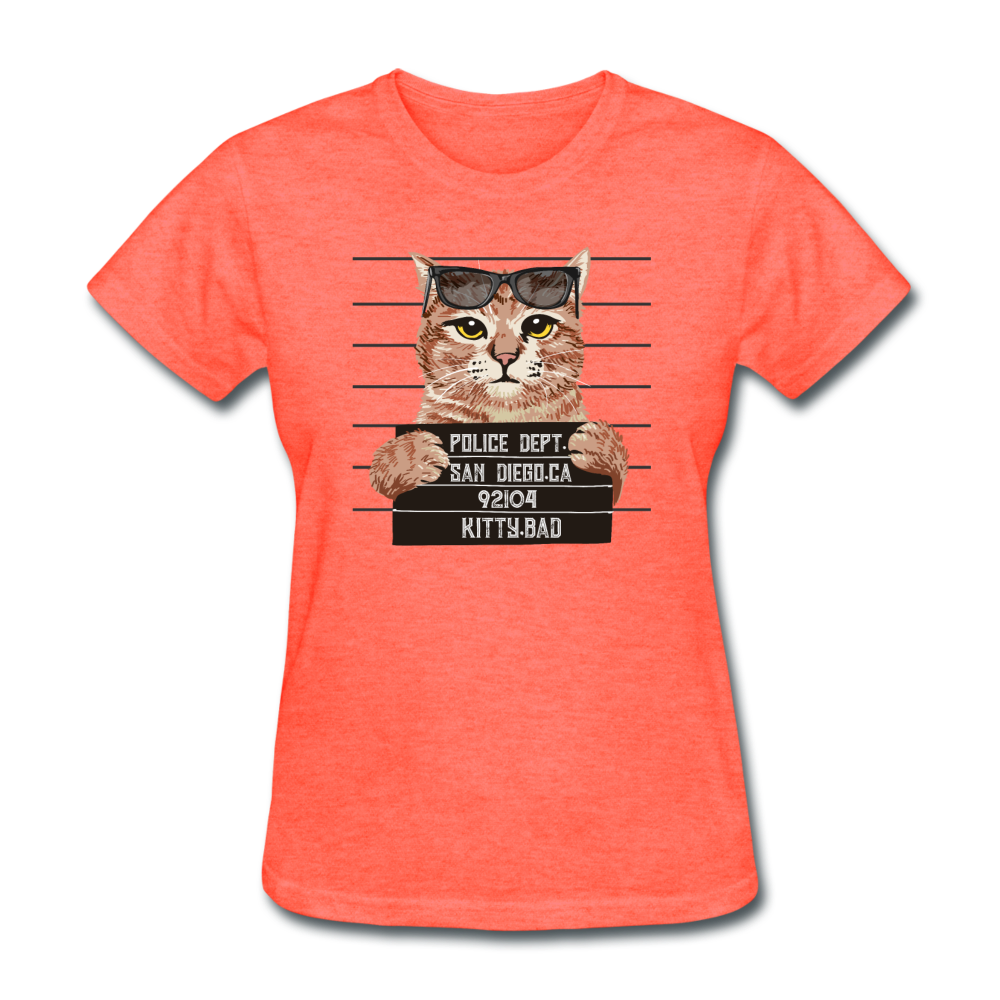 Women's Mug Shot Cat T-Shirt - heather coral