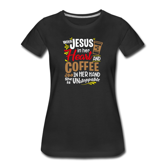Women’s Premium Jesus In Her Heart and Coffee In Her Hand T-Shirt - black