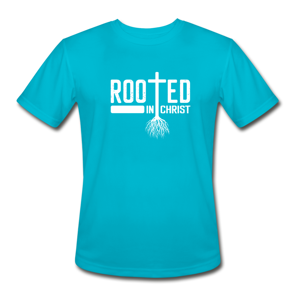 Men’s Moisture Wicking Performance Rooted in Christ T-Shirt - turquoise