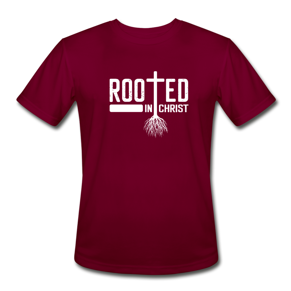 Men’s Moisture Wicking Performance Rooted in Christ T-Shirt - burgundy