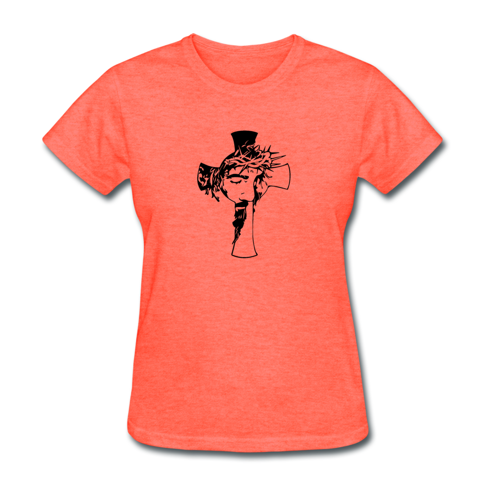 Women's Jesus in Cross T-Shirt - heather coral