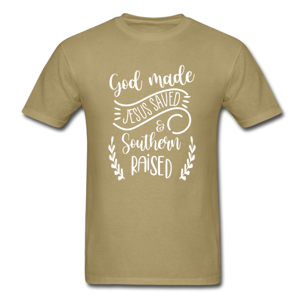 Unisex Classic God Made Jesus Saved Southern Raised T-Shirt - khaki