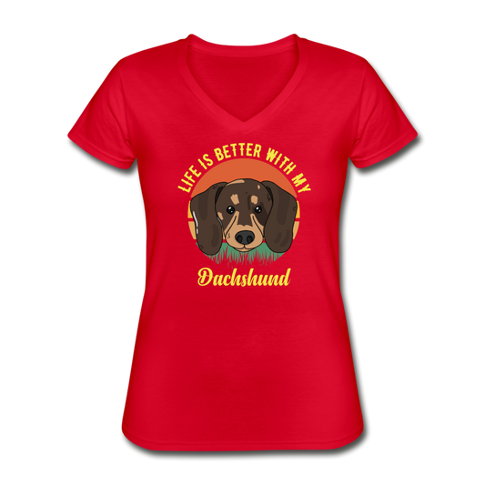 Women's V-Neck Dachshund T-Shirt - red