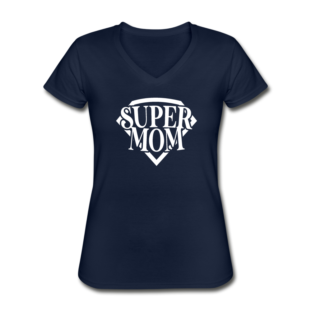 Women's V-Neck Super Mom T-Shirt - navy