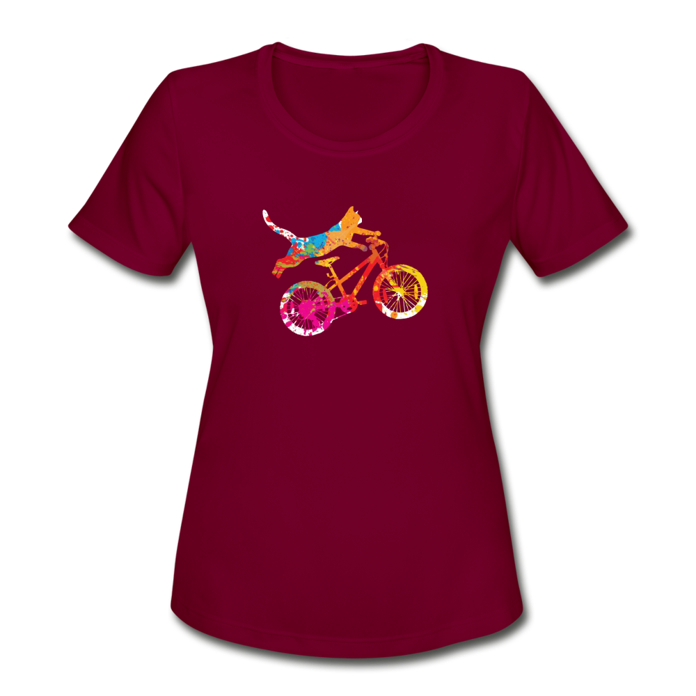 Women's Moisture Wicking Performance Cat Cycling T-Shirt - burgundy