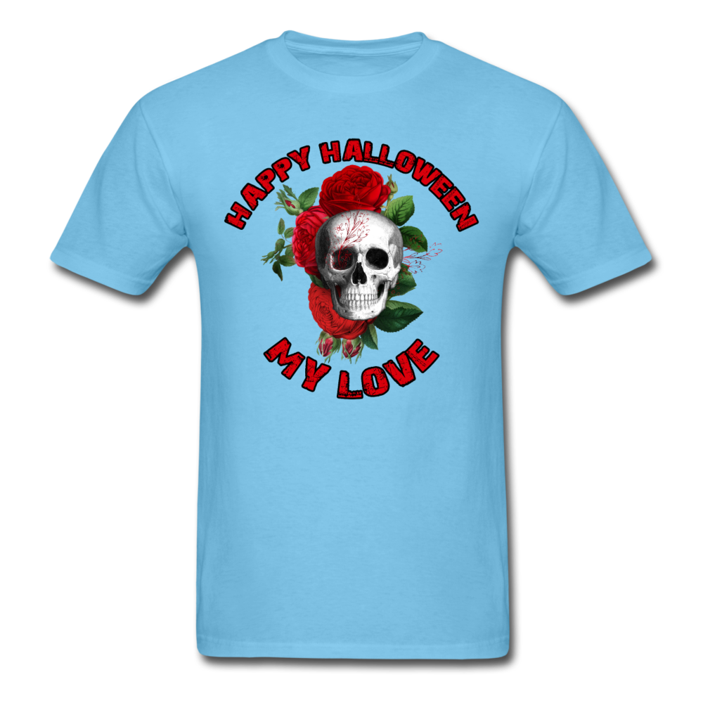 Unisex Classic Happy Halloween Red Floral Skull T-Shirt - aquatic blue