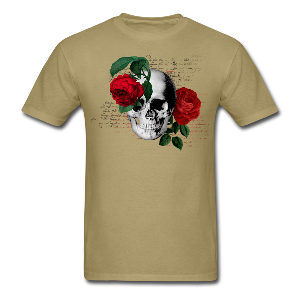 Unisex Classic Skull Roses with Writing T-Shirt - khaki