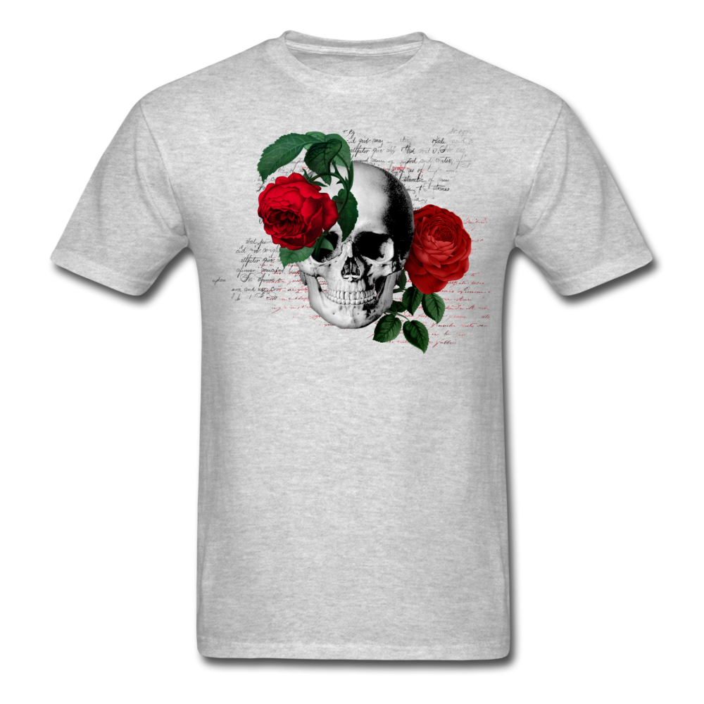 Unisex Classic Skull Roses with Writing T-Shirt - heather gray