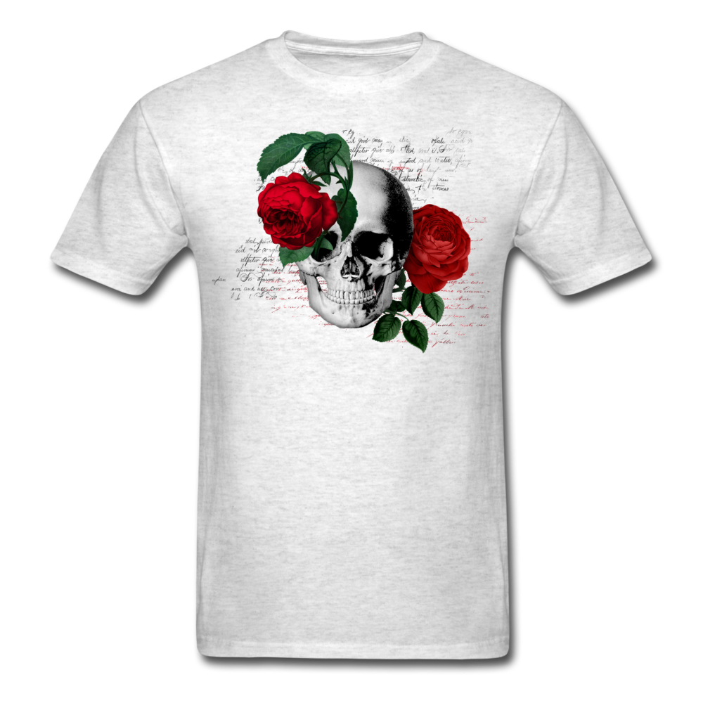 Unisex Classic Skull Roses with Writing T-Shirt - light heather gray
