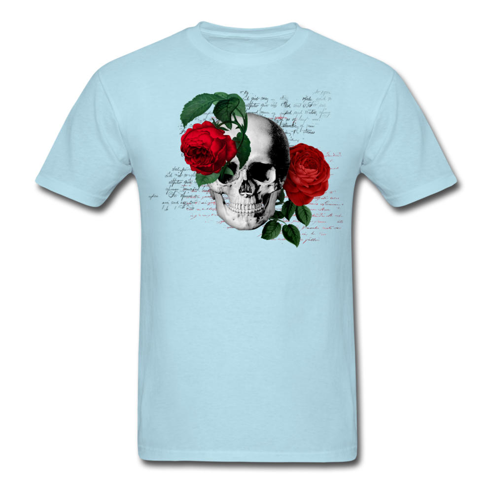Unisex Classic Skull Roses with Writing T-Shirt - powder blue