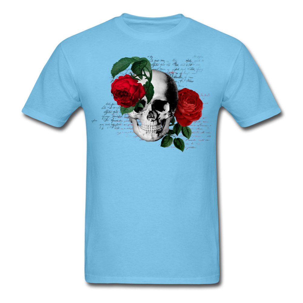 Unisex Classic Skull Roses with Writing T-Shirt - aquatic blue